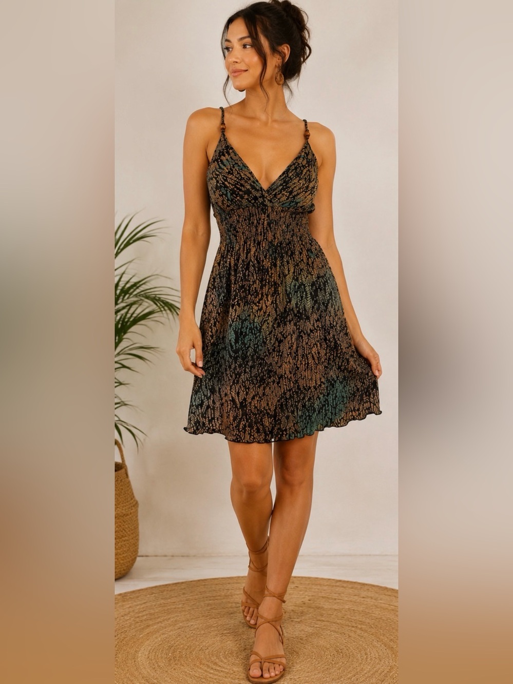 SANTIKI 🌴 Boho Tropical Vacation Sundress | Smocked Back | Size S 🌼